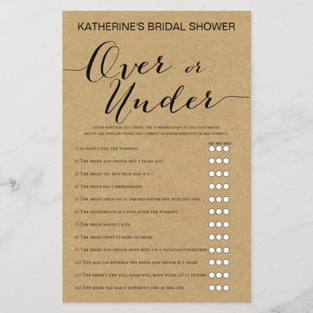 Rustic Kraft Bridal Shower Game PRINTED (Front)