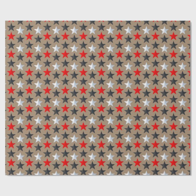 Rustic Kraft Bright Black Red Silver Stars Wrapping Paper (Flat)