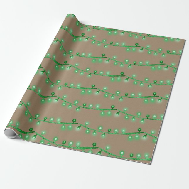 Rustic Kraft Bright Green Christmas String Lights Wrapping Paper (Unrolled)