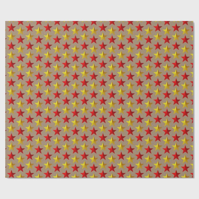 Rustic Kraft Bright Red Gold Stars  Wrapping Paper (Flat)