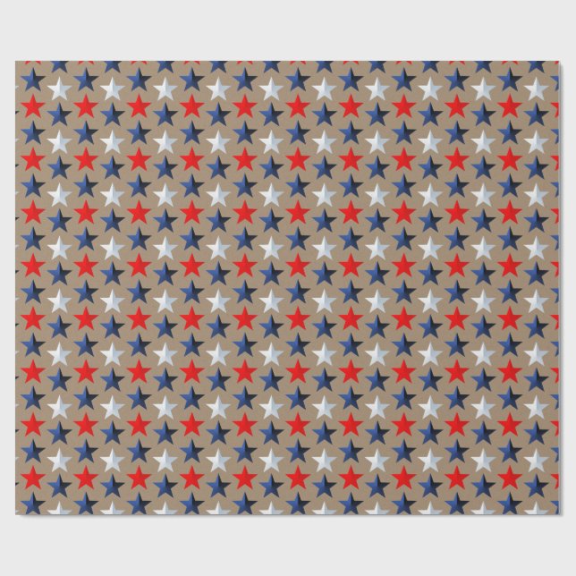 Rustic Kraft Bright Red White & Blue Stars Wrapping Paper (Flat)