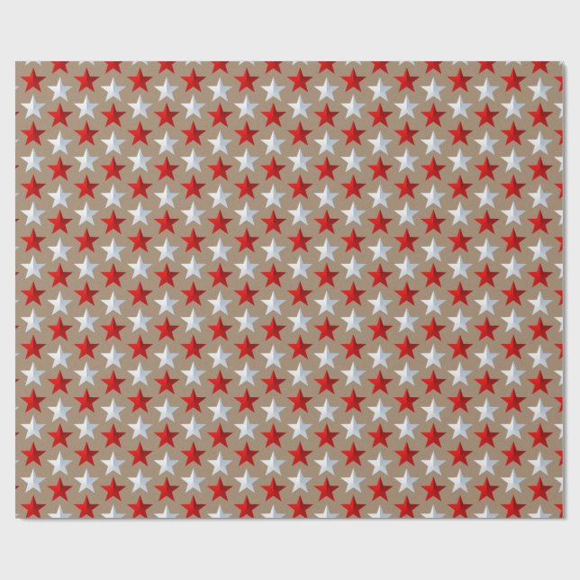 Rustic Kraft Bright Red White Stars  Wrapping Paper (Flat)
