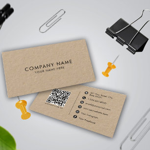 Rustic Kraft Brown Minimalist Social Media QR Code Business Card