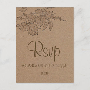 Rustic Kraft Brown Paper Leaves Wedding RSVP Invitation Postcard