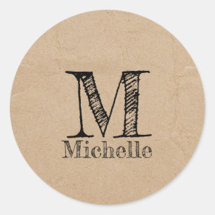 Rustic Kraft Brown Paper Look Monogram Classic Round Sticker