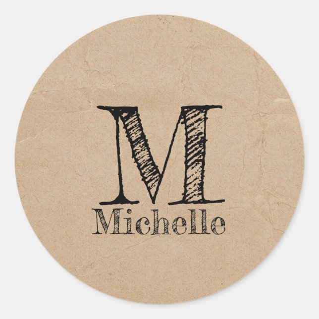 Rustic Kraft Brown Paper Look Monogram Classic Round Sticker (Front)