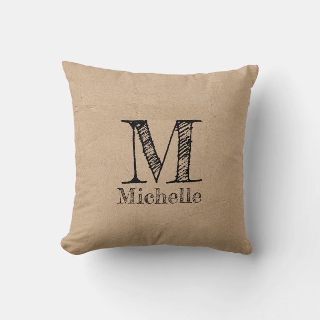 Rustic Kraft Brown Paper Look Monogram Cushion (Front)