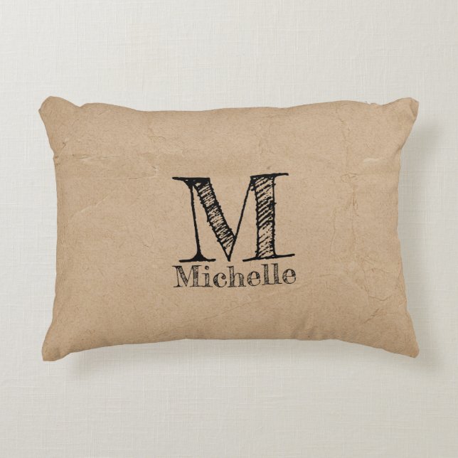 Rustic Kraft Brown Paper Look Monogram Decorative Cushion (Front)