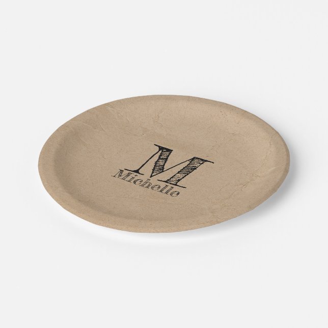 Rustic Kraft Brown Paper Look Monogram  Paper Plate (Angled)