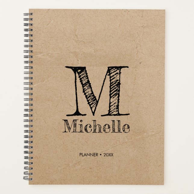 Rustic Kraft Brown Paper Look Monogram Planner (Front)
