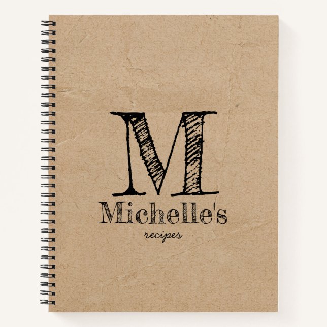 Rustic Kraft Brown Paper Look Monogram Recipes Notebook (Front)
