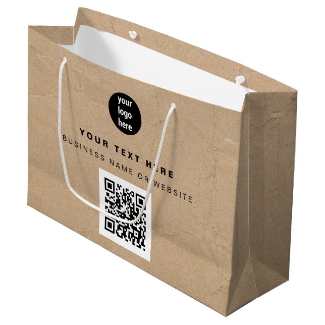 Rustic Kraft Brown QR Code Business Logo  Large Gift Bag (Front Angled)