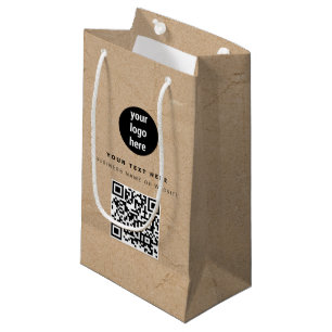 Rustic Kraft Brown QR Code Business Logo  Small Gift Bag