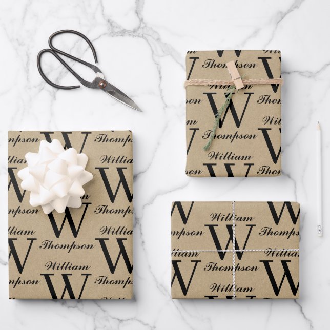 Rustic Kraft Brown Script Calligraphy Monogram Wrapping Paper Sheet (Front)