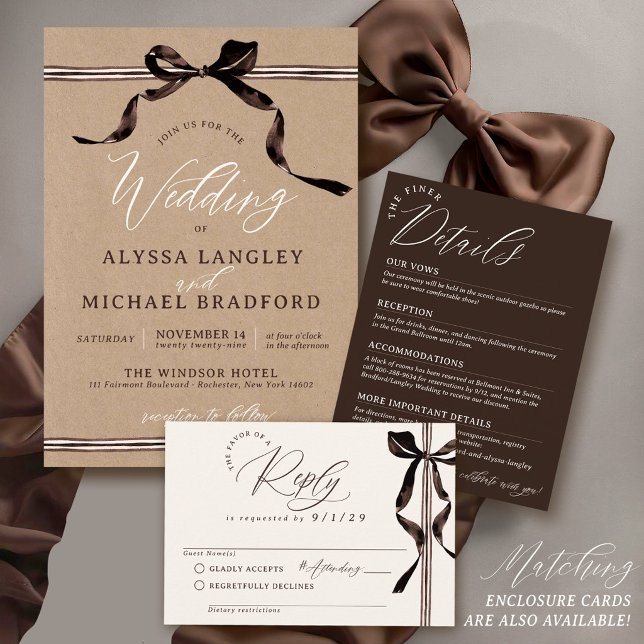 Rustic Kraft Brown Watercolor Bow QR Code Wedding Invitation (Brown watercolor bow rustic kraft wedding invitation matching formal rsvp & details cards set )