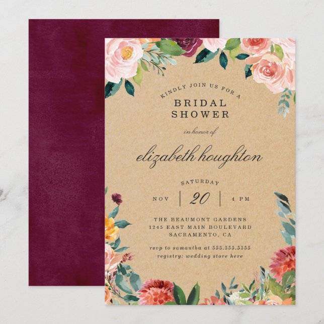 Rustic Kraft Burgundy Blush Floral Bridal Shower Invitation (Front/Back)