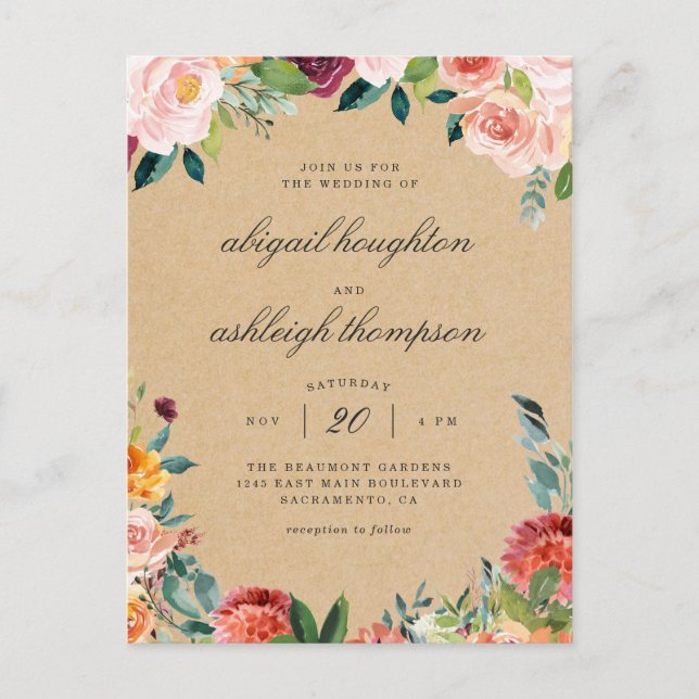 Rustic Kraft Burgundy Blush Pink Floral Wedding Invitation Postcard (Front)