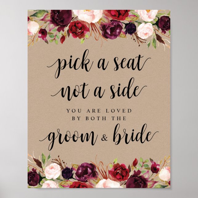 Rustic Kraft Burgundy Floral Ceremony Pick a seat  Poster (Front)