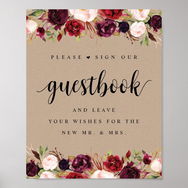 Rustic Kraft Burgundy Floral Wedding Guestbook (Front)