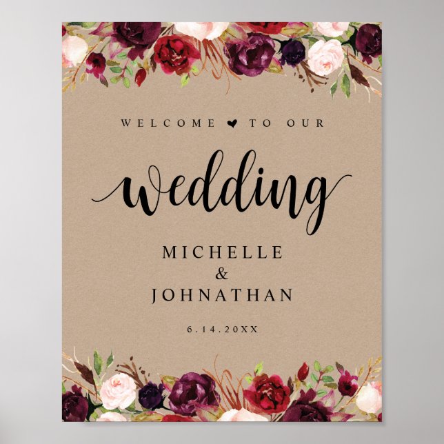 Rustic Kraft Burgundy Floral Wedding Welcome  Post Poster (Front)