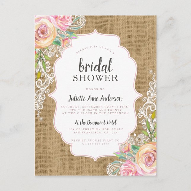 Rustic Kraft Burlap Floral Lace Barn Bridal Shower Invitation Postcard (Front)