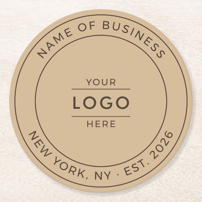 Rustic Kraft Business Logo Established Year Round Paper Coaster (Front)