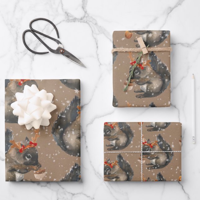 Rustic Kraft Busy Squirrels Cracking Holiday Nuts Wrapping Paper Sheet (Front)