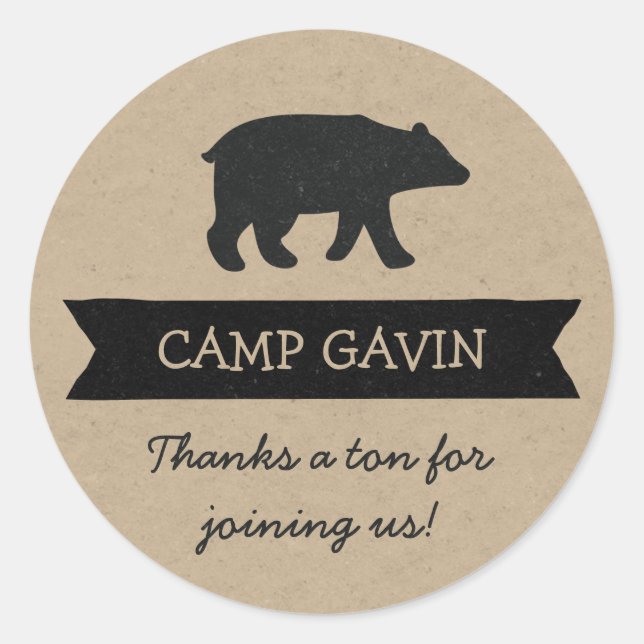 Rustic kraft camping birthday party favour sticker (Front)