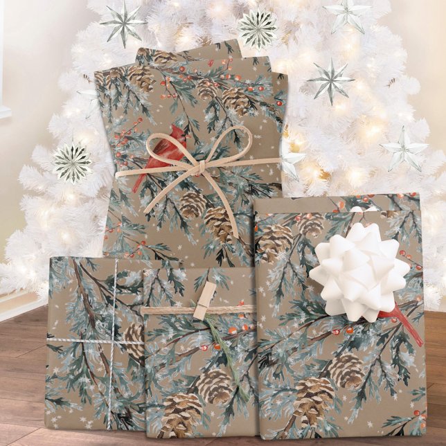 Rustic Kraft Cardinal Juniper Branches Berries 2 Wrapping Paper Sheet (Creator Uploaded)