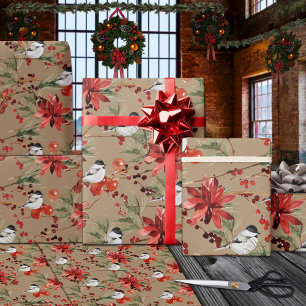 Rustic Kraft Chickadees Red Beries & Poinsettias Wrapping Paper