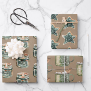 Rustic Kraft Christmas Candles Cookies & Hot Cocoa Wrapping Paper Sheet