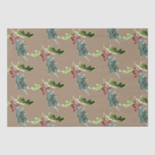 Rustic Kraft Christmas Floral Holly Red Berries Tissue Paper
