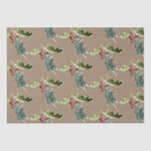 Rustic Kraft Christmas Floral Holly Red Berries Tissue Paper (Front)