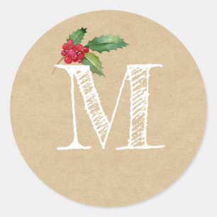 Rustic Kraft Christmas Holly Monogram Initial Classic Round Sticker