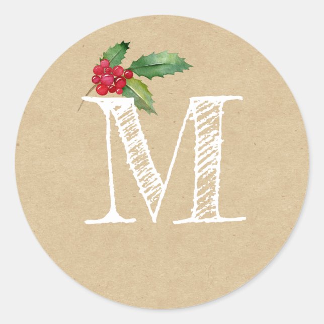 Rustic Kraft Christmas Holly Monogram Initial Classic Round Sticker (Front)