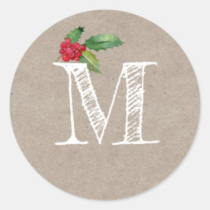 Rustic Kraft Christmas Holly Monogram Initial Classic Round Sticker