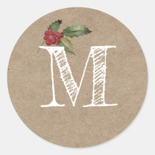 Rustic Kraft Christmas Holly Monogram Initial Classic Round Sticker