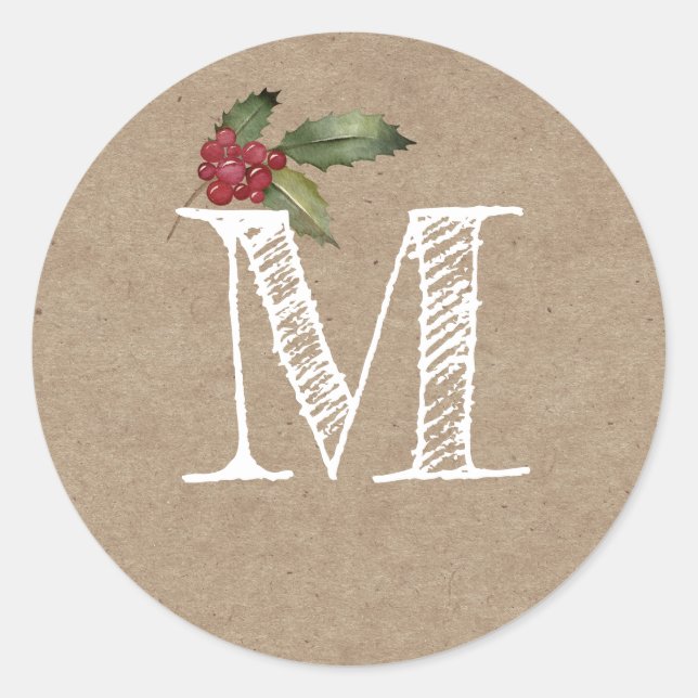 Rustic Kraft Christmas Holly Monogram Initial Classic Round Sticker (Front)