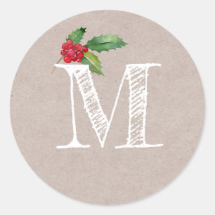 Rustic Kraft Christmas Holly Monogram Initial Classic Round Sticker