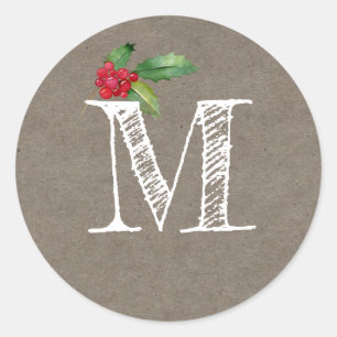 Rustic Kraft Christmas Holly Monogram Initial Classic Round Sticker