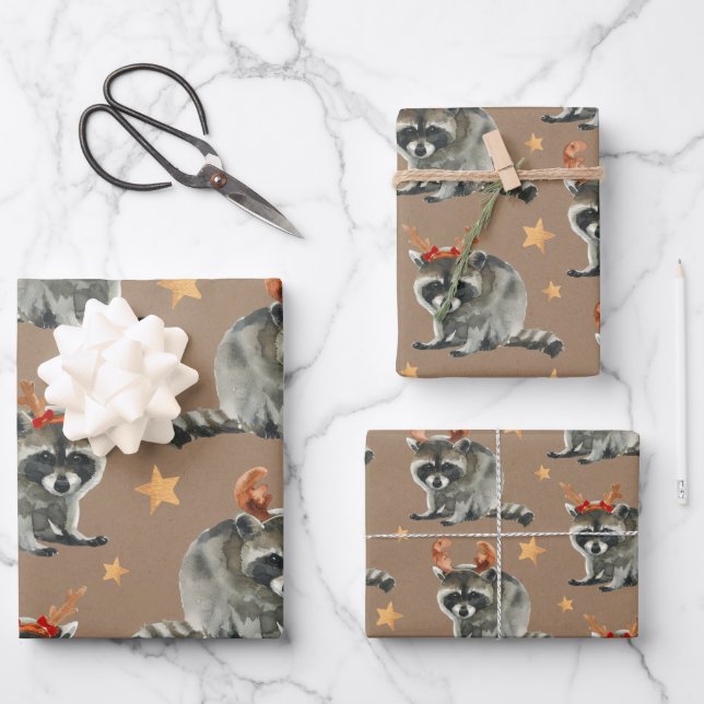 Rustic Kraft Christmas Racoons Under Gold Stars Wrapping Paper Sheet (Front)