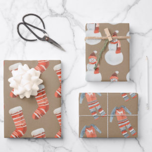 Rustic Kraft Christmas Stockings Snowmen & Jammies Wrapping Paper Sheet