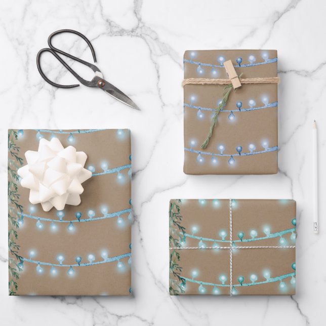 Rustic Kraft Christmas String Light Blue Green Wrapping Paper Sheet (Front)