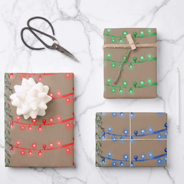 Rustic Kraft Christmas String Light Red Green Blue Wrapping Paper Sheet (Front)