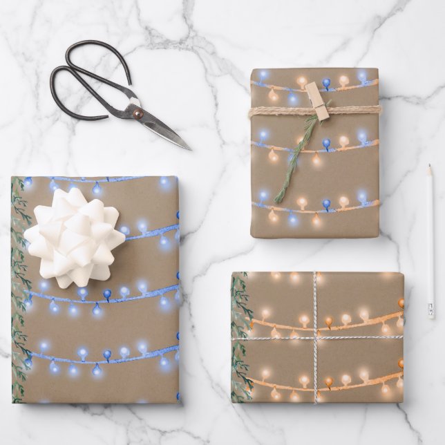 Rustic Kraft Christmas String Lights Blue Orange Wrapping Paper Sheet (Front)