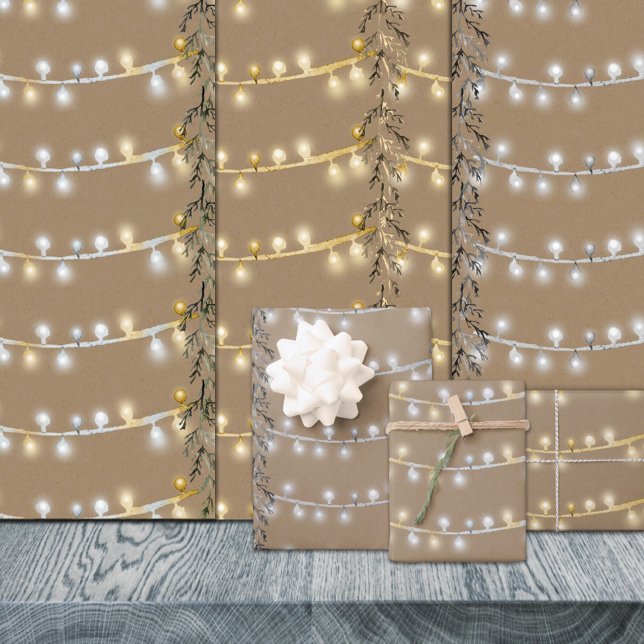 Rustic Kraft Christmas String Lights Silver & Gold Wrapping Paper Sheet (Rustic Kraft Christmas String Lights Silver & Gold Christmas Holiday Gift Wrapping Paper Sheets Trio)