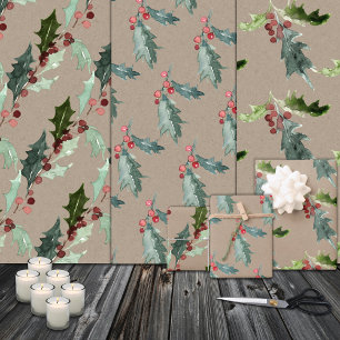 Rustic Kraft Christmas Watercolor Holly & Berries Wrapping Paper Sheet