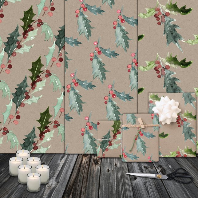Rustic Kraft Christmas Watercolor Holly & Berries Wrapping Paper Sheet (Rustic Kraft Christmas Floral Holly Red Berries Holiday Gift Wrapping Paper  Sheets Trio)
