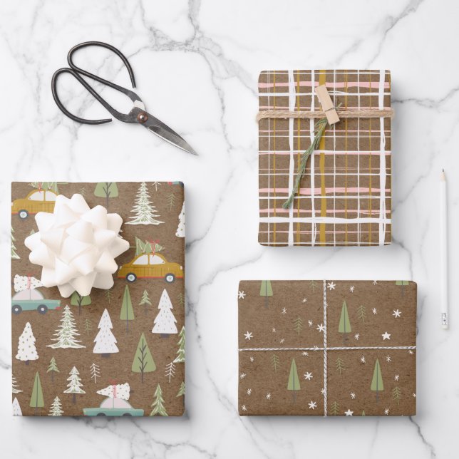 Rustic Kraft Christmas Woodland Cars Scene Wrapping Paper Sheet (Front)