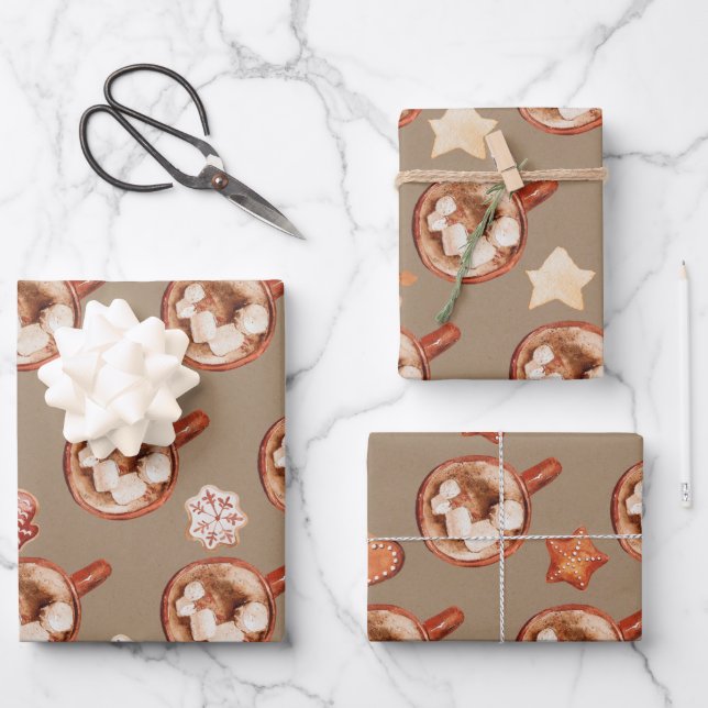 Rustic Kraft Cosy Hot Cocoa And Cookies Wrapping Paper Sheet (Front)